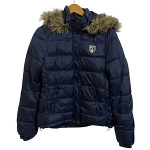 American Eagle Outfitters Puffer Jacket Fur Hood Navy Blue Quilted Winter Coat L